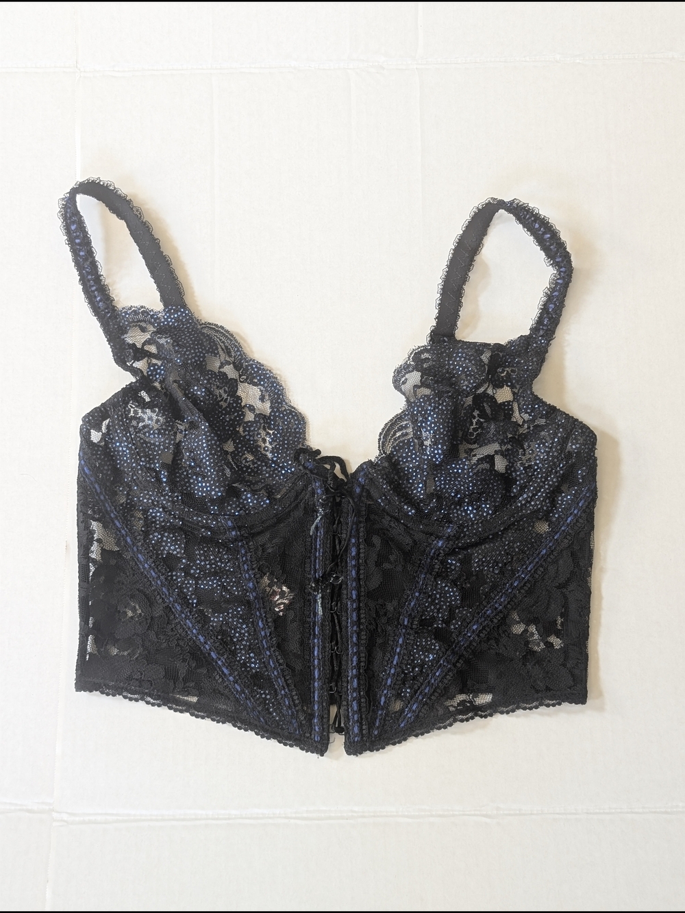 VINTAGE JEZEBEL RENEE OF HOLLYWOOD BLACK AND BLUE LACE CORSET Bustier Top